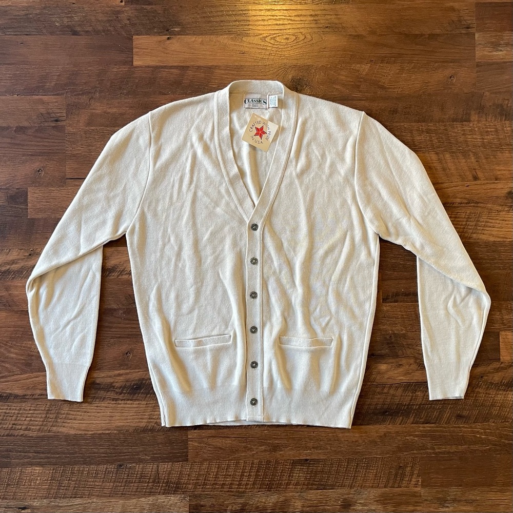Vintage 90s Sears USA Orlon Cardigan Cream Minimalist Dad Core Large